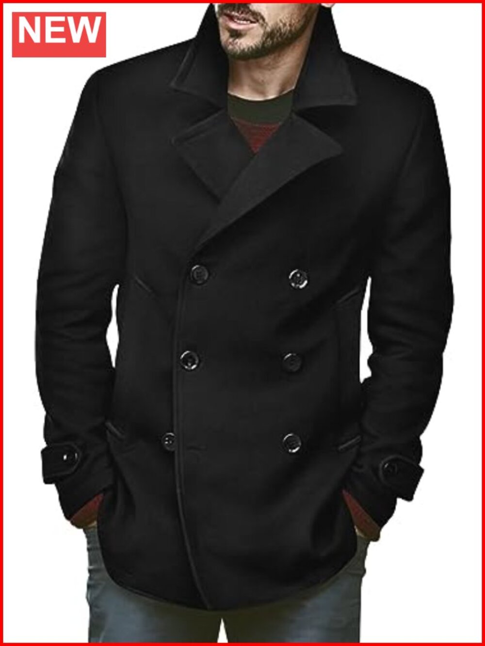 Mens Pea Coat Double Breasted Slim Fit Cotton Polyester Winter Coat
